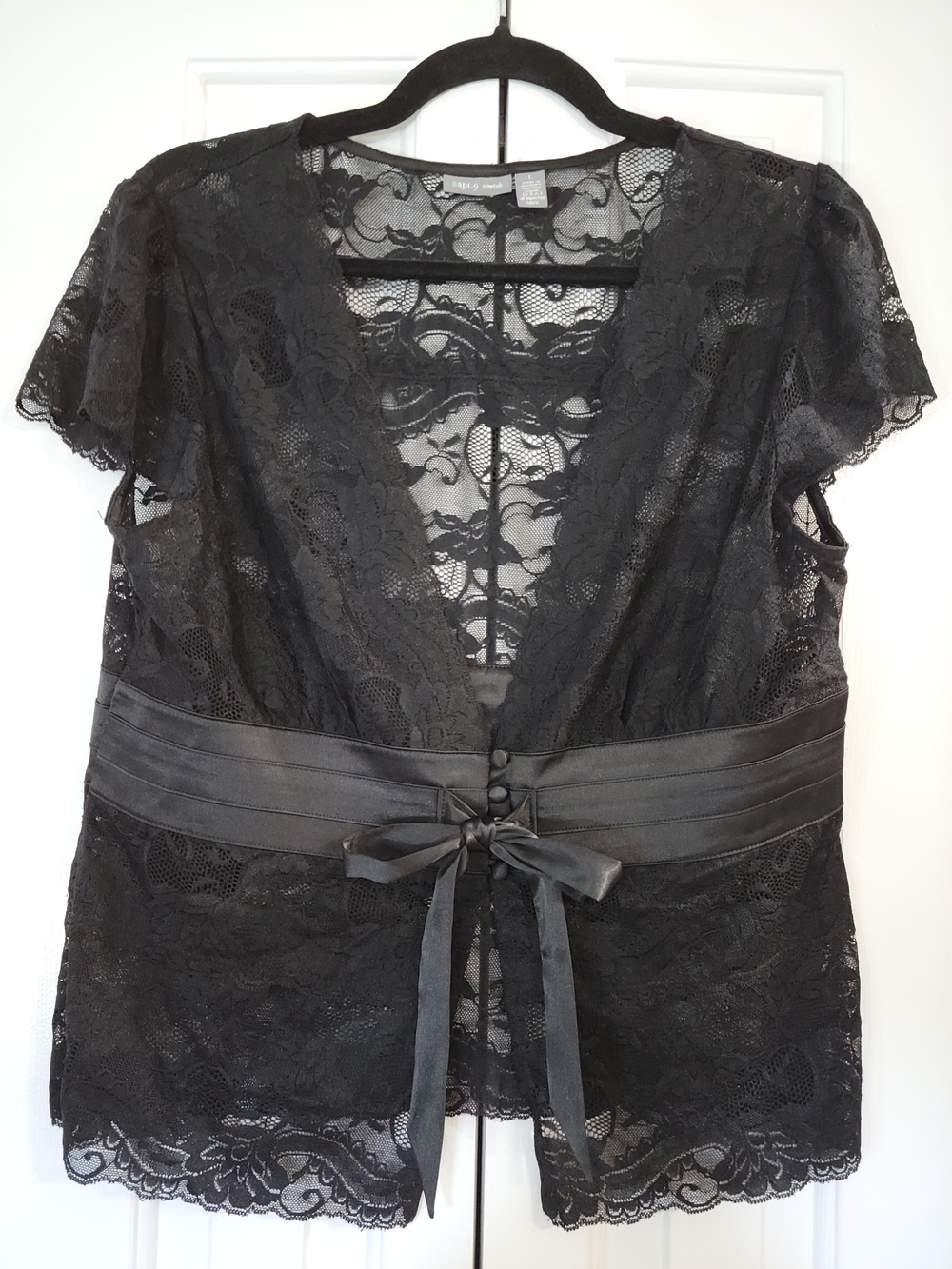 Apt. 9 Sheer Black Lace Top w/ Satin Button & Tie
